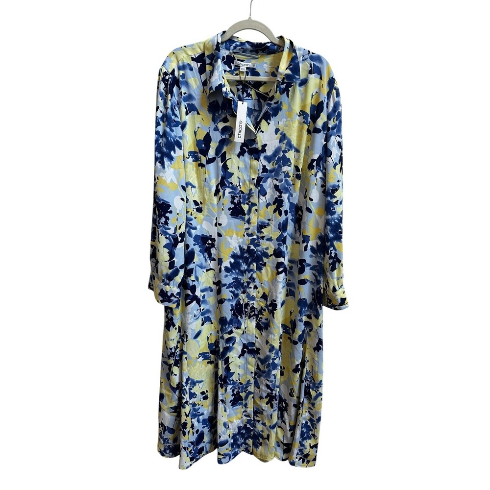 Chicos‎ Floral Midi Shirt Dress Yellow Blue Sz 4X NEW